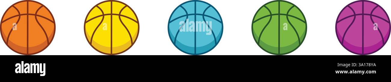 Icone di palle da basket di diversi colori: Arancione, giallo, verde, blu e rosa Illustrazione Vettoriale