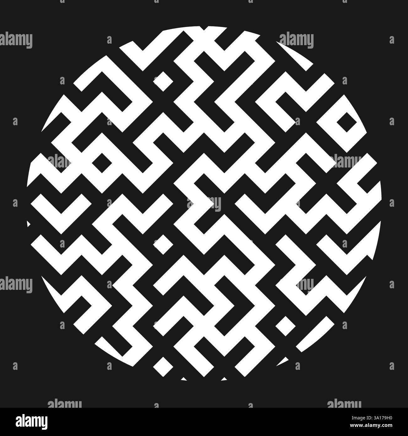 Motivo labirinto a linee spesse bianche circolari, su sfondo nero Illustrazione Vettoriale Motivo labirinto a linee spesse bianche circolari, su sfondo nero Illustrazione Vettoriale