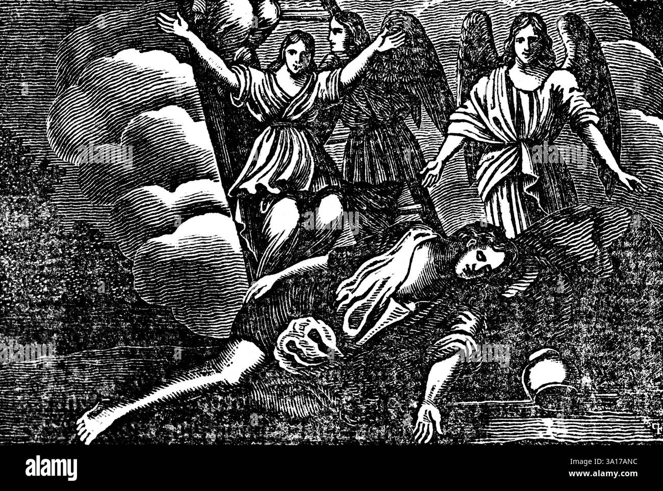 La scala verso il cielo conduce dalla terra al cielo, Giacobbe mette una pietra sotto la sua testa e sogna nel sonno, angelo di Dio, Genesi, inciso su legno, Christoph Foto Stock