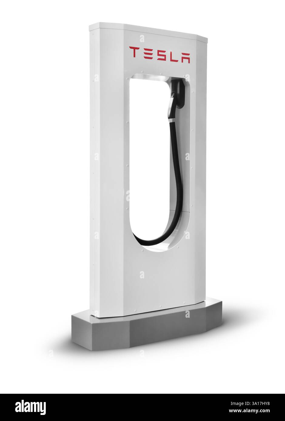 Tesla supercharger stazione di carica isolata su sfondo bianco con tracciato di ritaglio Foto Stock