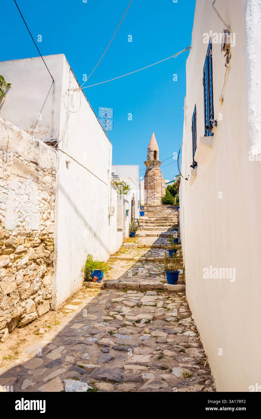 Vicolo stretto con scalini e minareto della vecchia moschea nella città di Kos, isola di Kos, Grecia Foto Stock