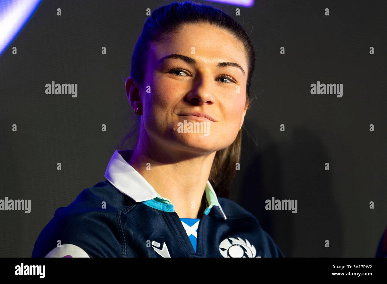 Il capitano scozzese Helen Nelson durante l'evento di lancio per il Guinness Women's Six Nations Match al Tobacco Dock di Londra. Data foto: Venerdì 7 marzo 2025. Foto Stock