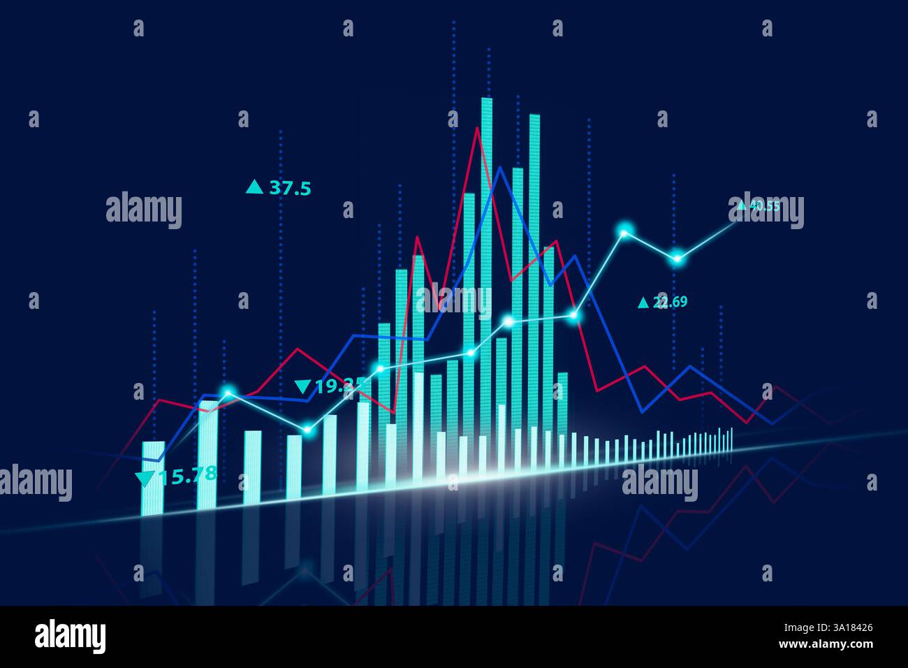 Mercato azionario o forex trading grafico e candelabro grafico adatto per gli investimenti finanziari concetto. Economia sullo sfondo delle tendenze per l'idea di business e di un Foto Stock