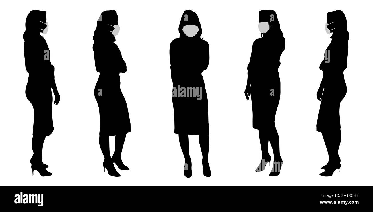 Concetto vettoriale sagoma concettuale che le donne prendono mentre distanziano sociale come mezzo di prevenzione e protezione contro la contaminazione da coronavirus Illustrazione Vettoriale