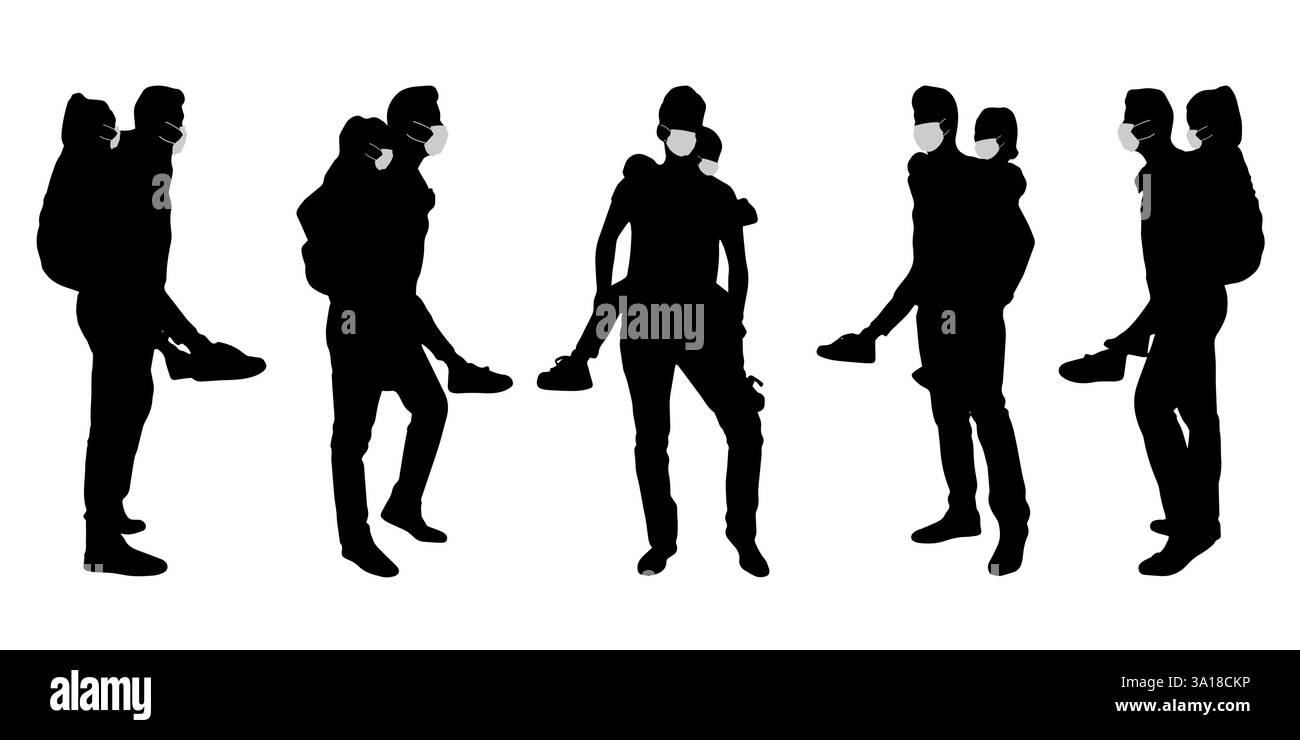 Concetto vettoriale sagoma concettuale uomini che passano il tempo con i bambini distanziando i mezzi di prevenzione e protezione contro il coronavirus Illustrazione Vettoriale