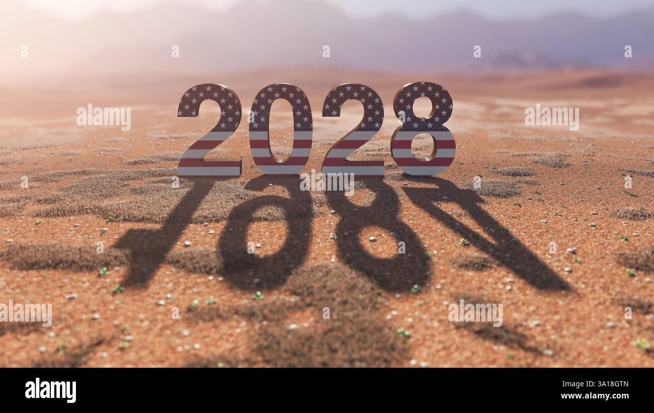 llustrazione delle cifre dell'anno 2028 con noi texture bandiera e un'ombra cadente del 1984 nel deserto; cambiamento politico, autoritarismo e controllo dell'intelligenza artificiale. Foto Stock