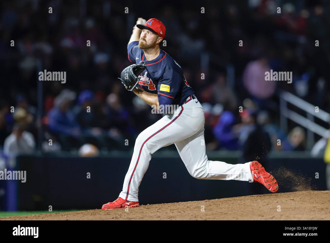 North Port FL USA; il lanciatore degli Atlanta Braves, Buck Farmer (97), tira un campo durante una partita di allenamento primaverile della MLB contro i Miami Marlins al CoolToday Park. I Braves e i Marlins giocarono a un pareggio di 1-1. (Kim Hukari/immagine dello sport) Foto Stock