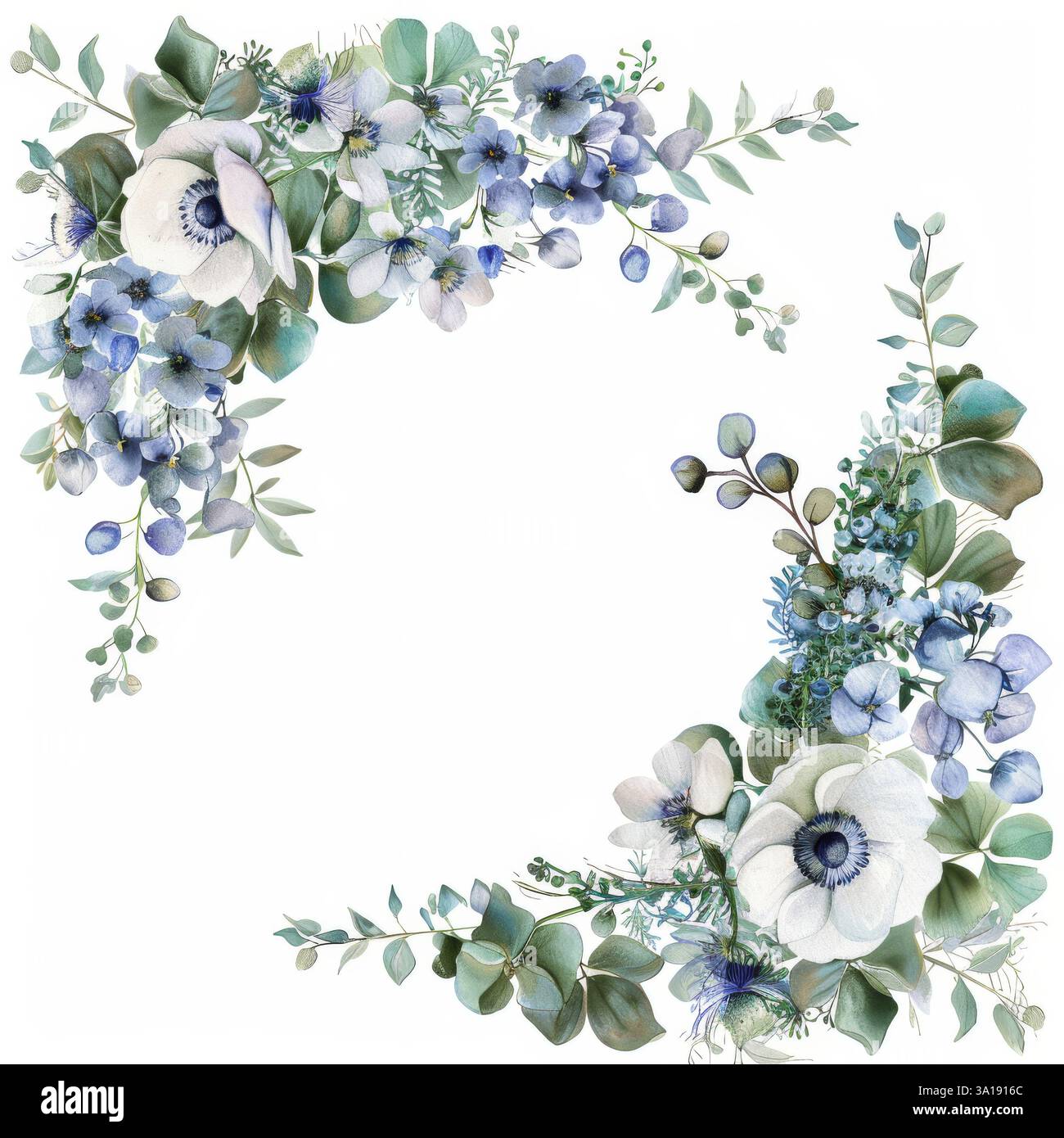 Illustrazione floreale artistica con anemoni bianchi e dettagli blu, che offre un tocco raffinato per il branding di lusso, il packaging cosmetico e pr ecocompatibili Foto Stock