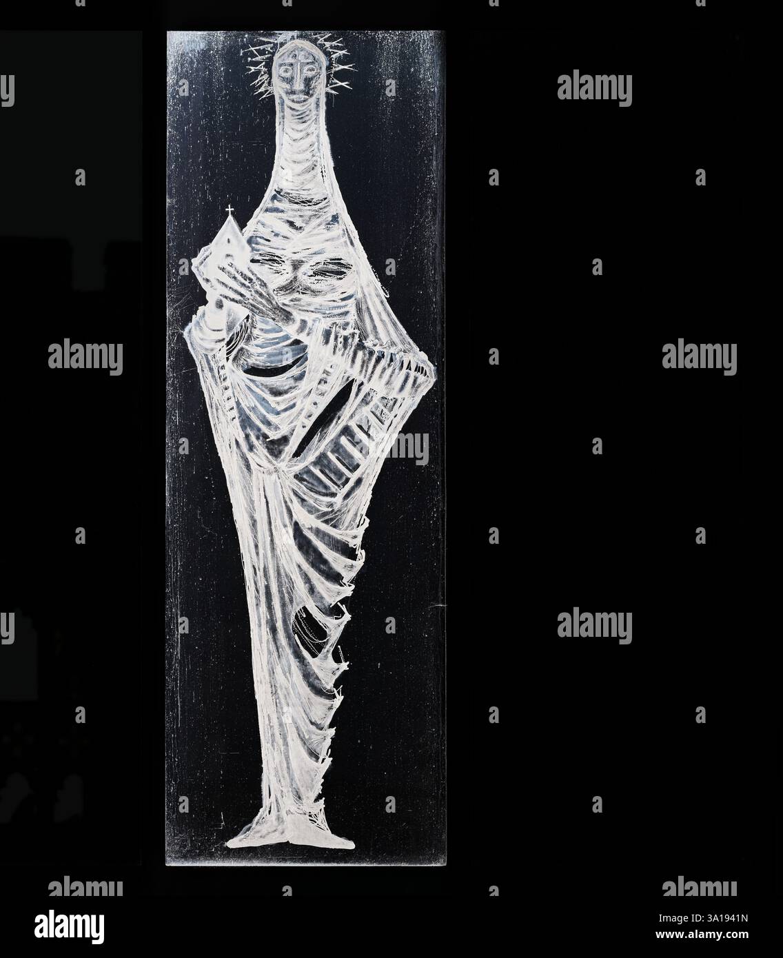 Santa Hilda (badessa sassone del monastero di Whitby, VII secolo d.C.), raffigurata sulla vetrata occidentale incisa a Coventry, Inghilterra. Foto Stock