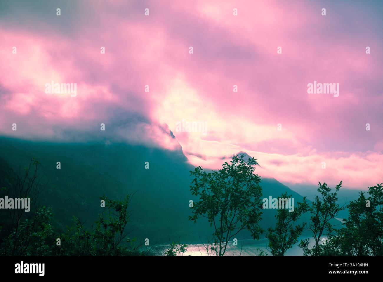 Splendido paesaggio con montagne e fiordo al tramonto. Senja Island, Norvegia Foto Stock