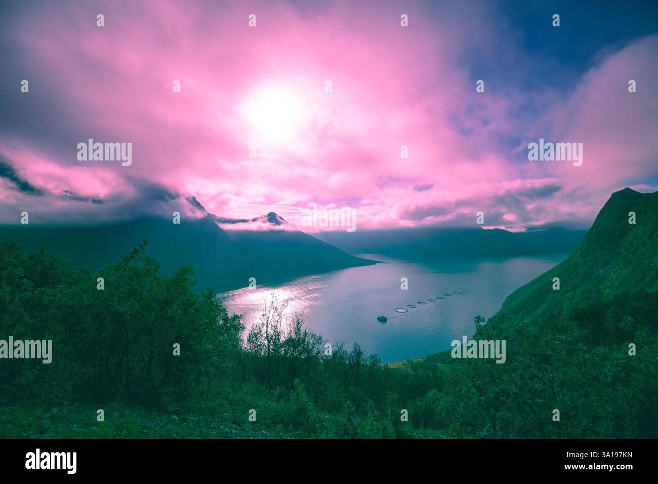 Splendido paesaggio con montagne e fiordo al tramonto. Senja Island, Norvegia Foto Stock