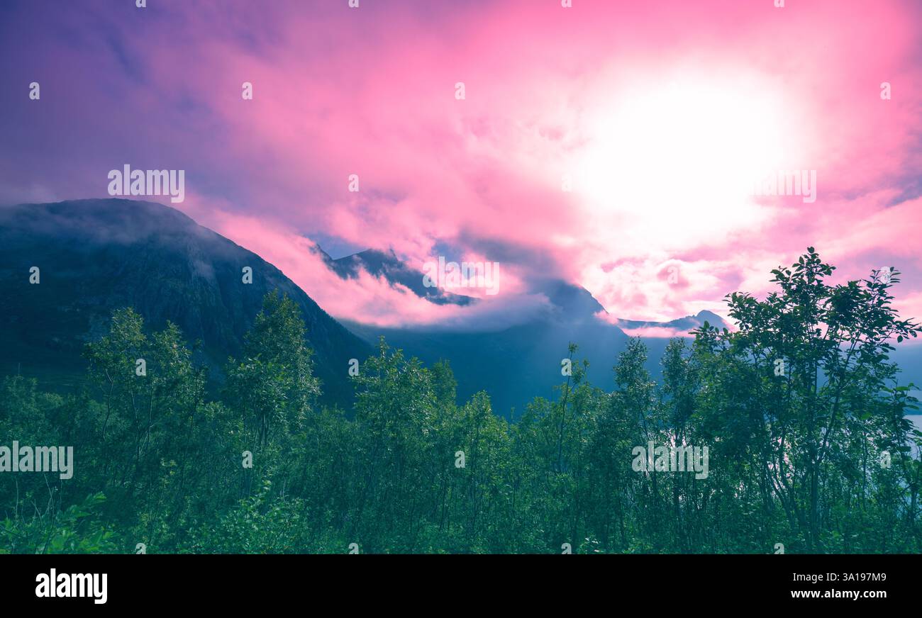 Splendido paesaggio con montagne e fiordo al tramonto. Senja Island, Norvegia Foto Stock