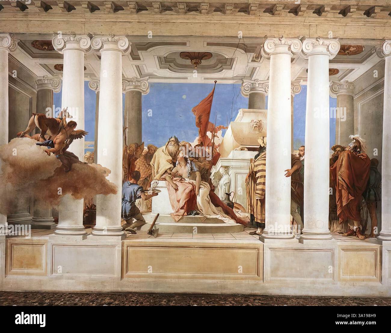 TIEPOLO, Giovanni Battista (B. 1696, Venezia, d. 1770, Madrid) il sacrificio di Ifigenia 1757 affresco, 350 x 700 cm Villa Valmarana, Vicenza il sacrificio di Ifigenia avviene in una sala illusionistica di colonne, che blocca parzialmente la vista dello spettatore sulla scena. Al centro del quadro, Ifigenia giace sull'altare, il sacerdote pronto ad applicare il coltello. Tuttavia, il cervo inviato da Diana per salvare Ifigenia sta già scendendo su una nuvola, accompagnata da due putti, da sinistra verso l'altare. Agamemnon è un po' isolato, proprio a destra del quadro, cov Foto Stock
