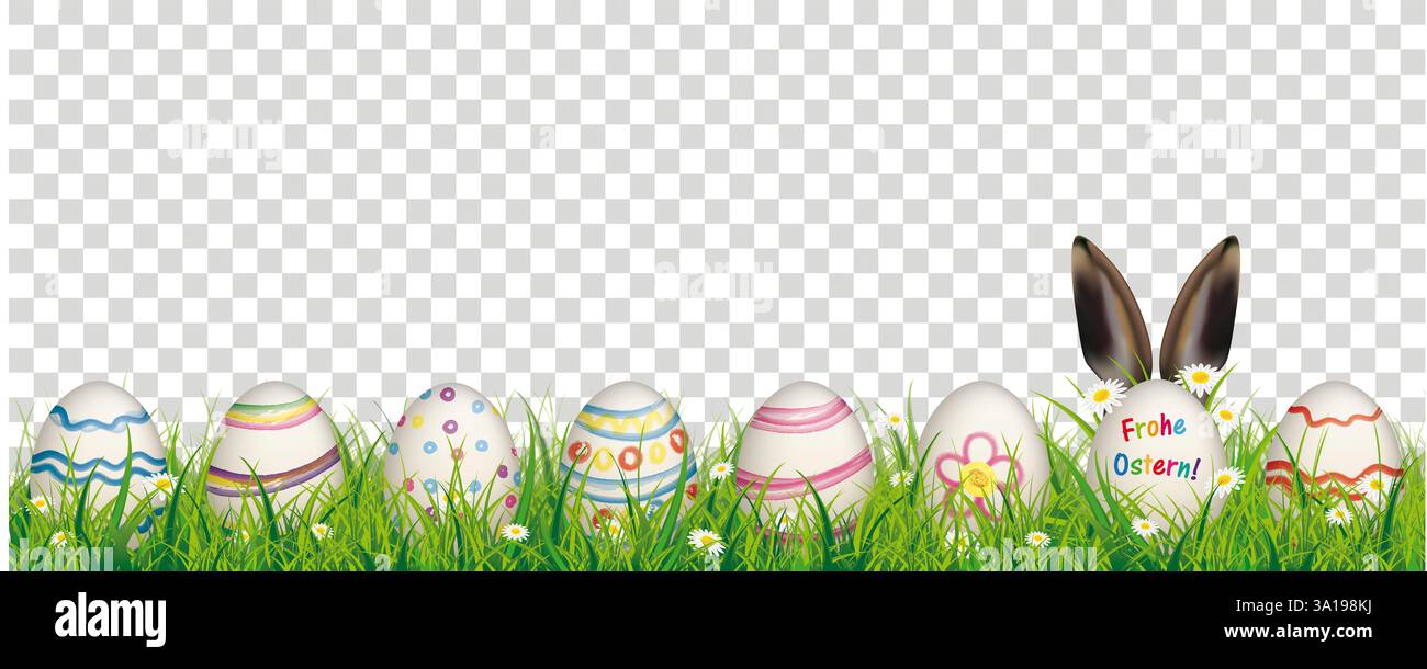 Fiori bianchi in erba con uova di pasqua colorate sullo sfondo a quadri. Foto Stock