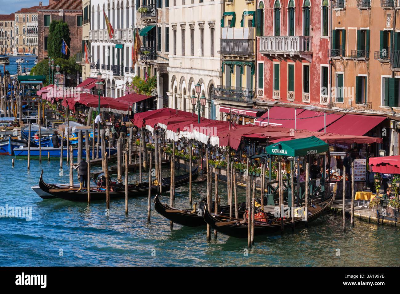 Venezia, Italia - 12 ottobre 2024: Una vivace scena sul lungomare lungo il Canal grande, con le gondole ormeggiate vicino a una fila di affascinanti caffè e ristoranti. Foto Stock