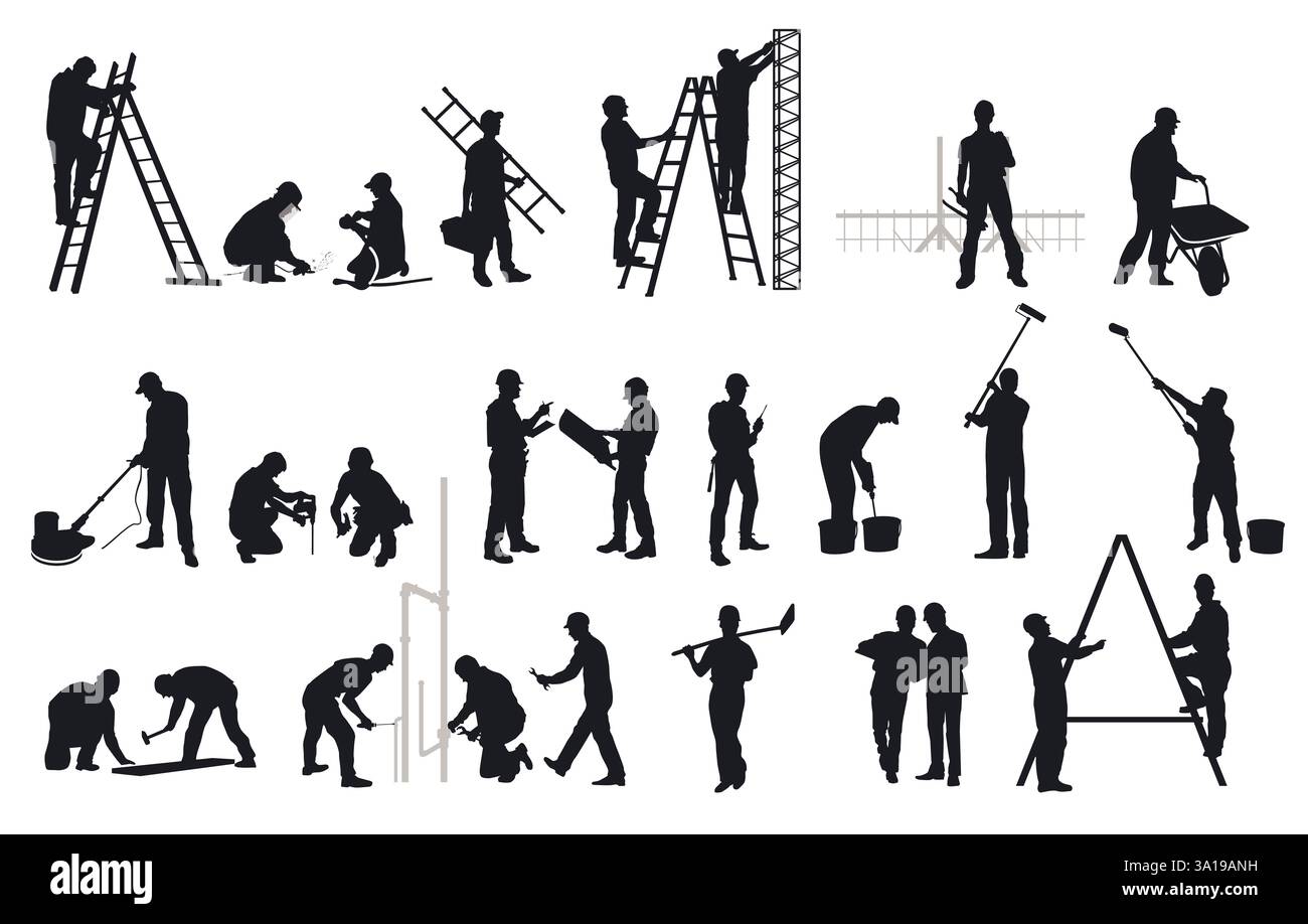 artigiani e operai edili nel cantiere, illustrazione Foto Stock