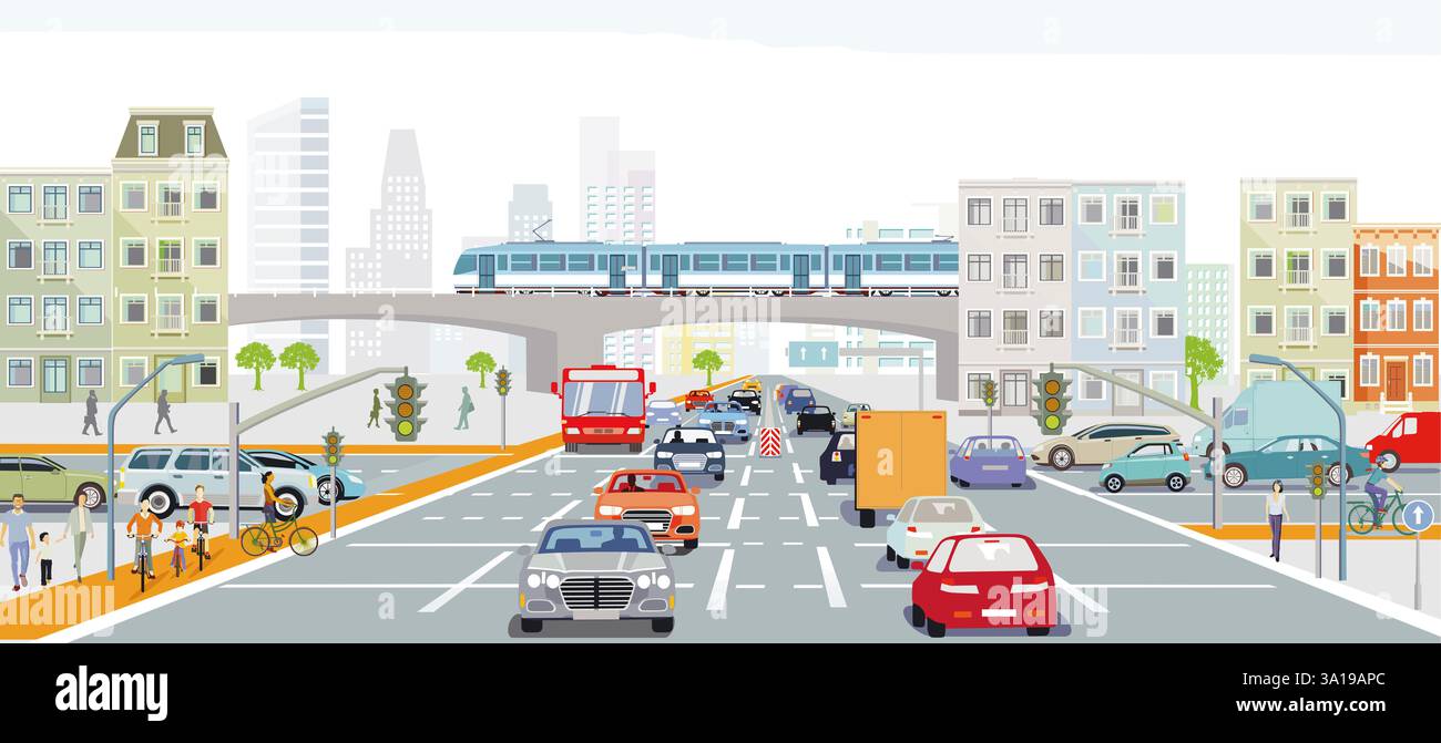 sagoma della città con auto all'incrocio e pedoni, Foto Stock