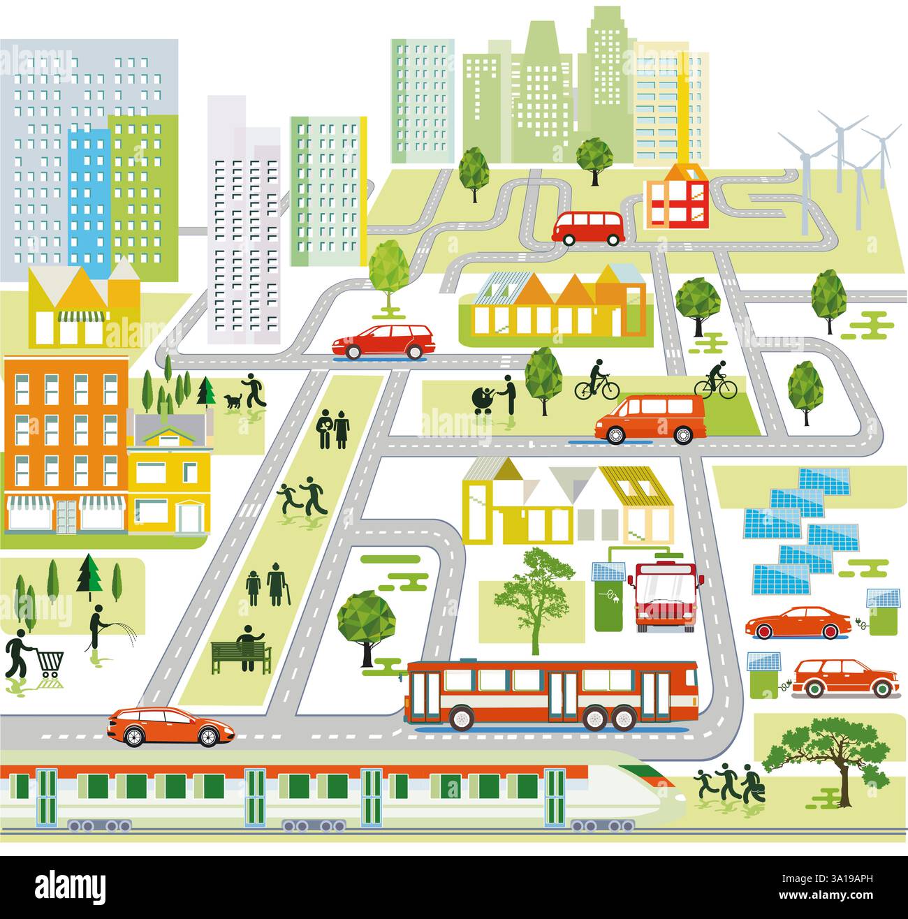 mappa della città con traffico e case, illustrazione informativa Foto Stock