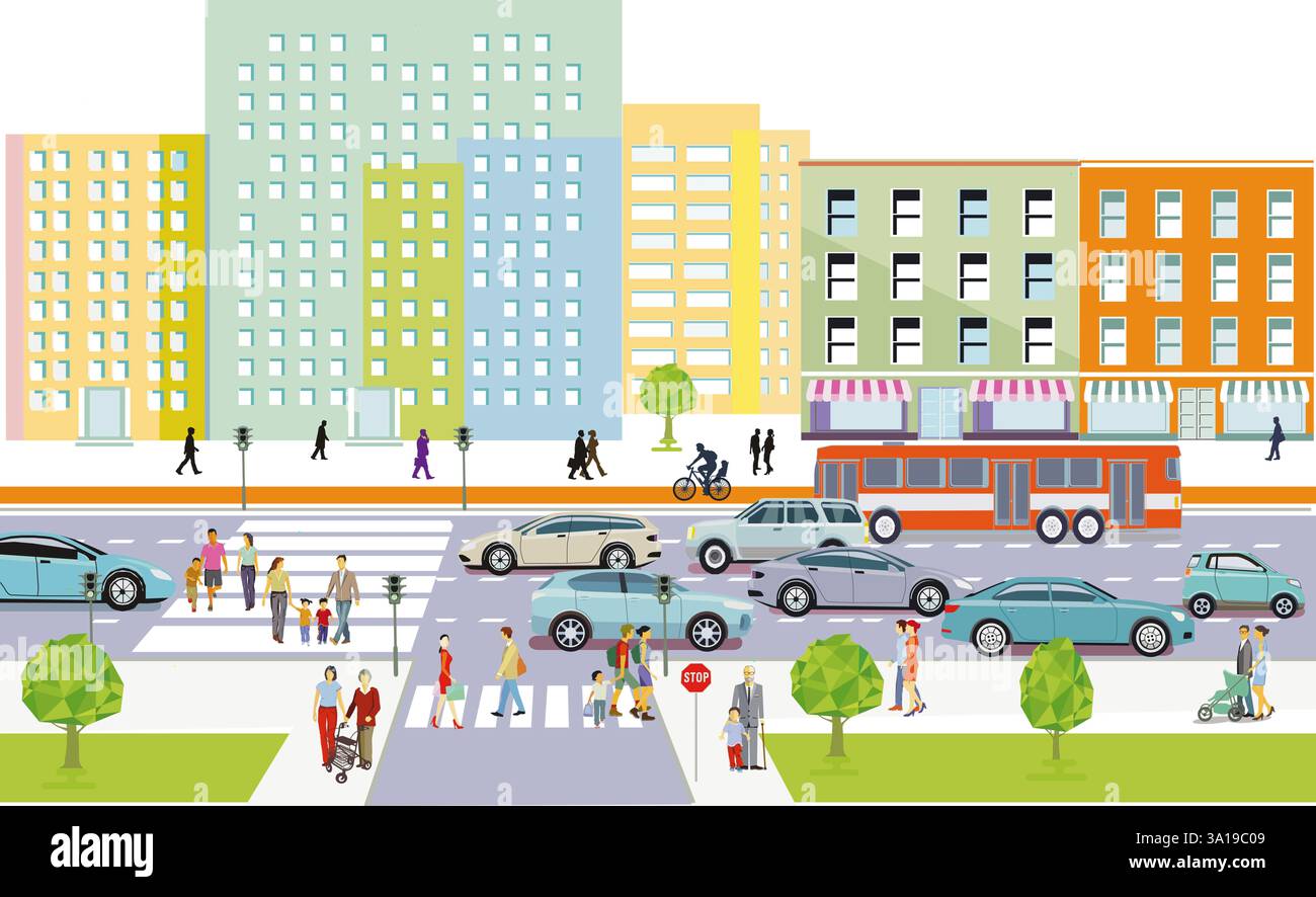 sagoma della città con traffico e persone, illustrazione Foto Stock