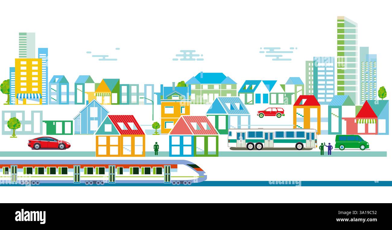 skyline della città con traffico ferroviario e stradale, illustrazione Foto Stock