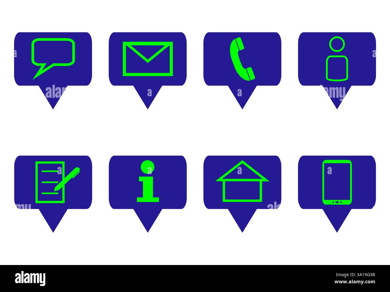 8 icone di contatto isolate blu/verde per il sito web Foto Stock