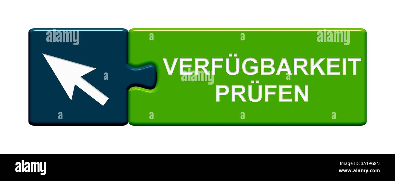 Pulsante puzzle a due pezzi isolato con simbolo a freccia verifica disponibilità Foto Stock