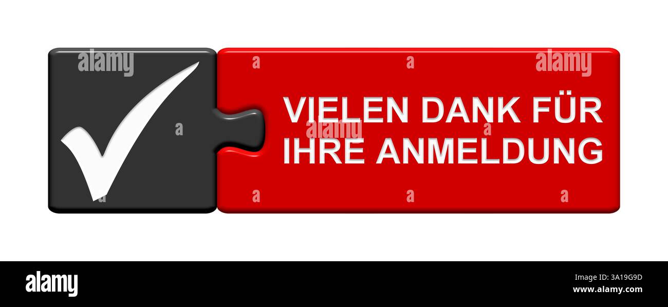 Pulsante puzzle a due pezzi isolato con simbolo che mostra Grazie per la registrazione Foto Stock