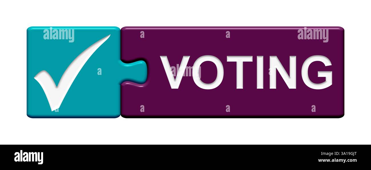 Il pulsante puzzle isolato composto da due parti con il simbolo del segno di spunta mostra il voto Foto Stock