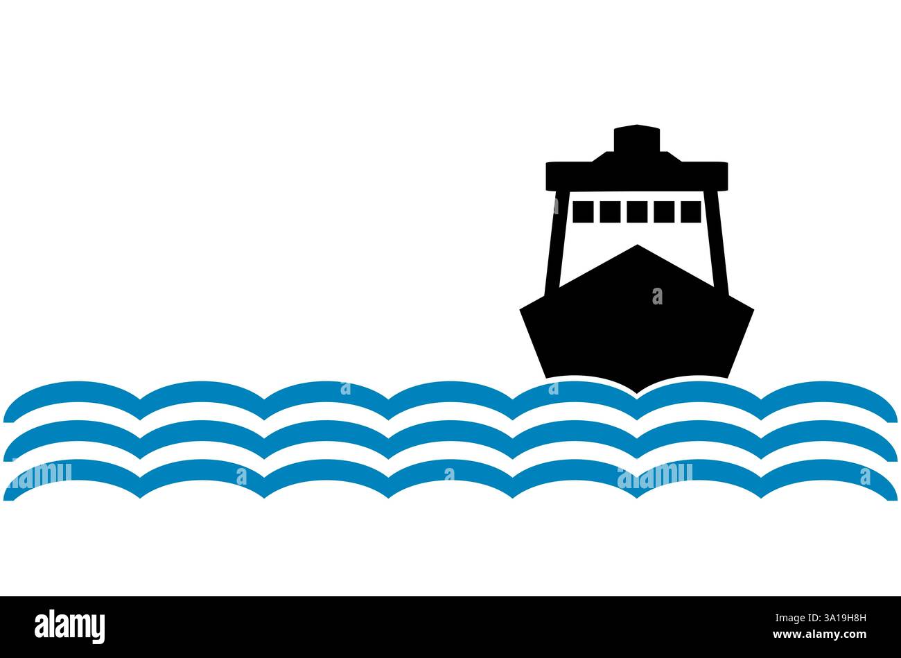 Nave simbolo, nave da carico o traghetto con onde d'acqua e spazio libero per testo Foto Stock