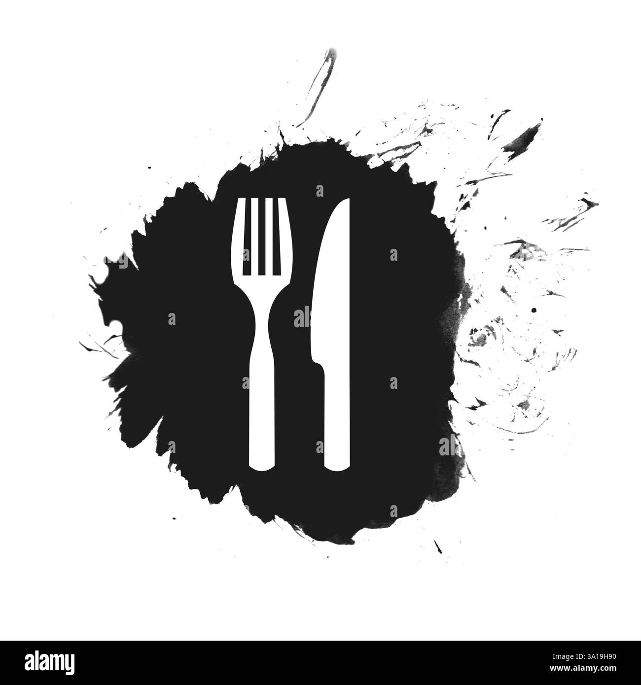 Icona posate su colorante isolato in nero con spruzzi di vernice Foto Stock