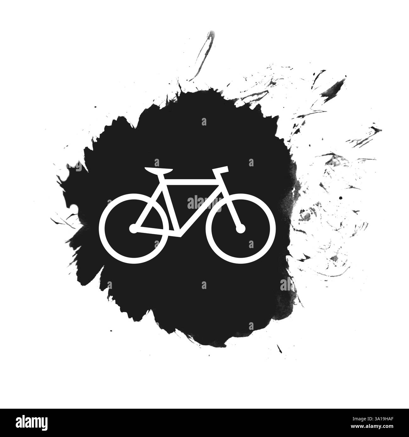 Icona della bicicletta su una patch isolata in nero con spruzzi di vernice Foto Stock