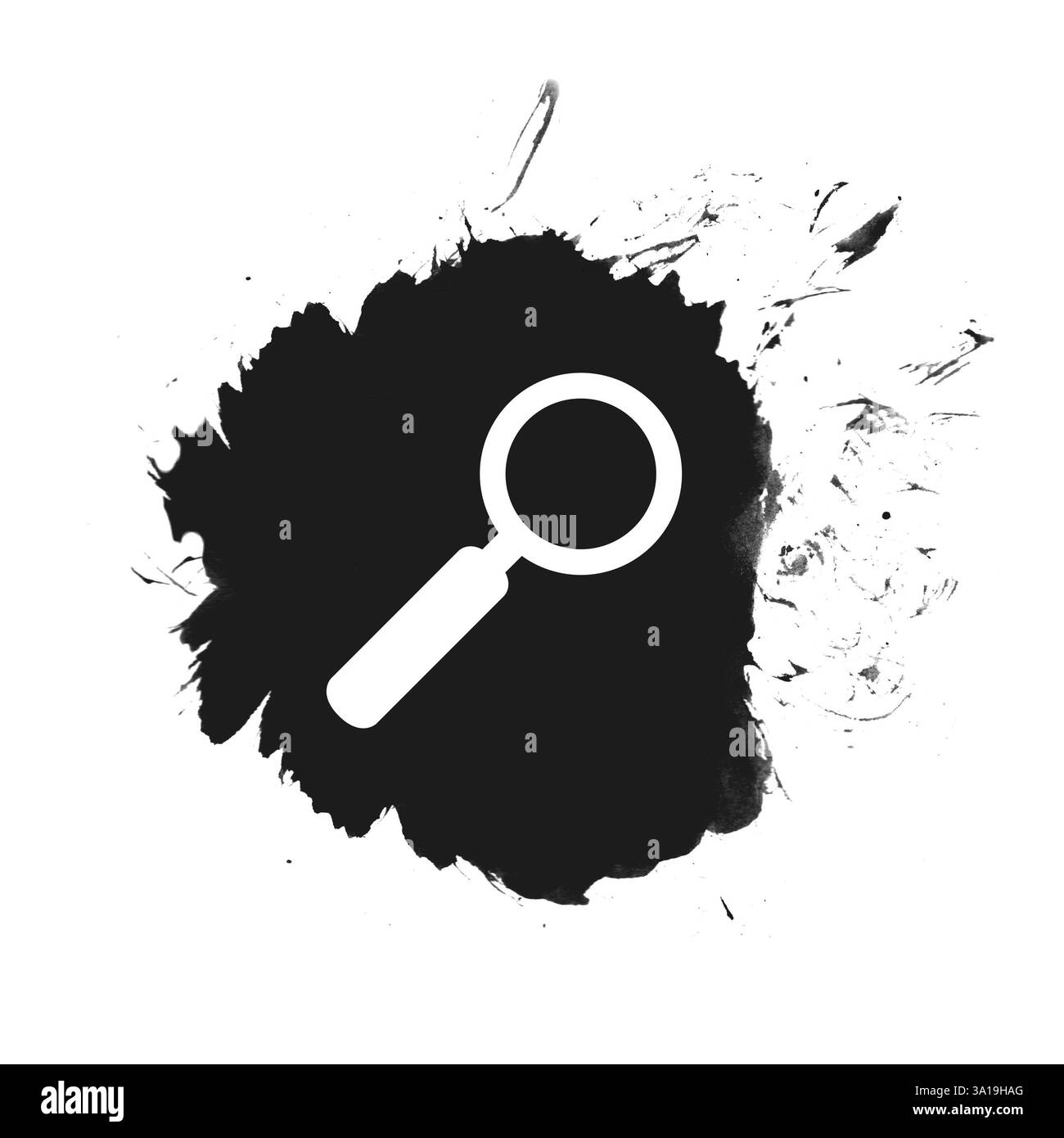 Icona della lente di ingrandimento su un punto isolato in nero con spruzzi di vernice Foto Stock