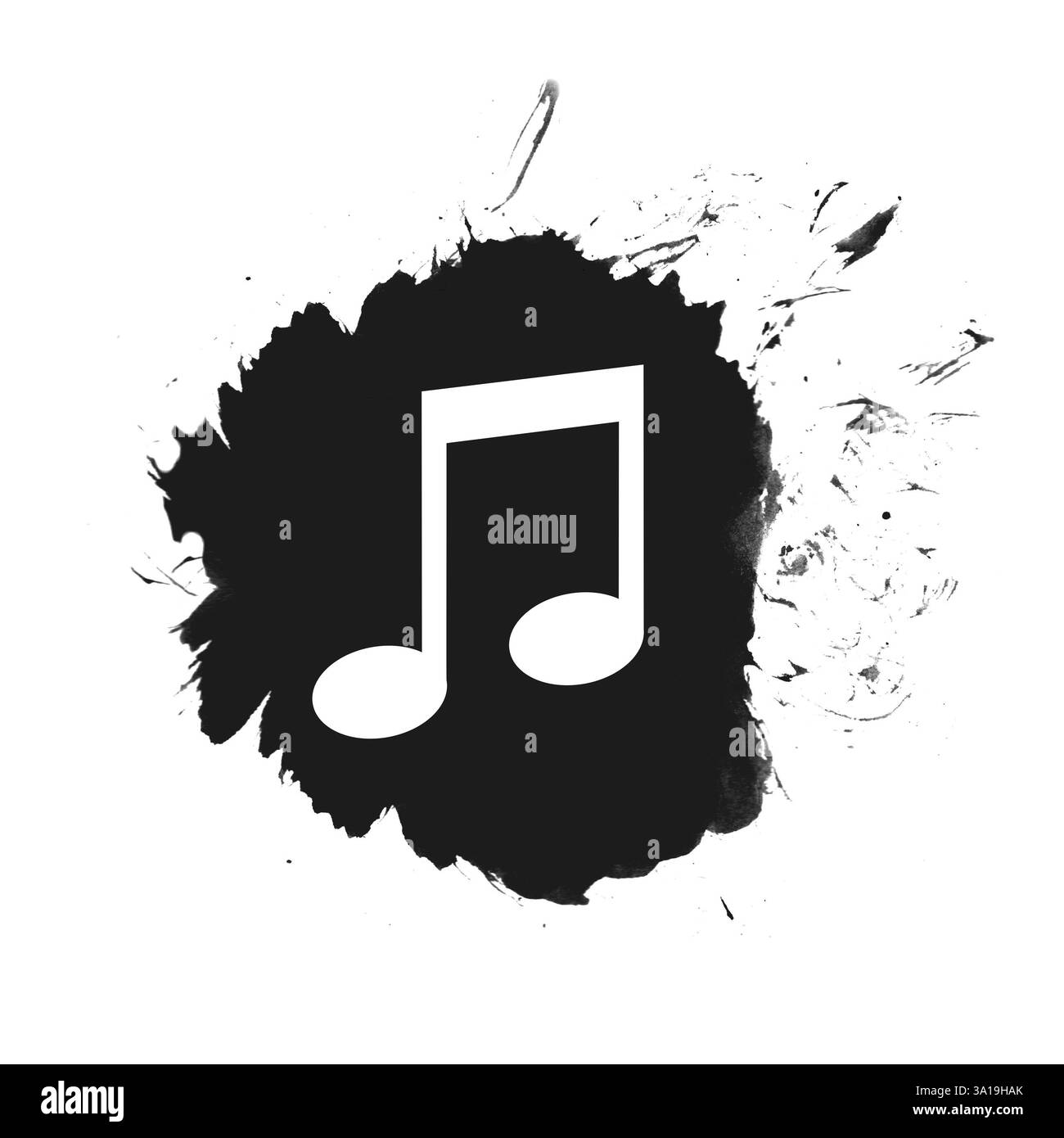 Icona della musica in un punto isolato in nero con spruzzi di colore Foto Stock