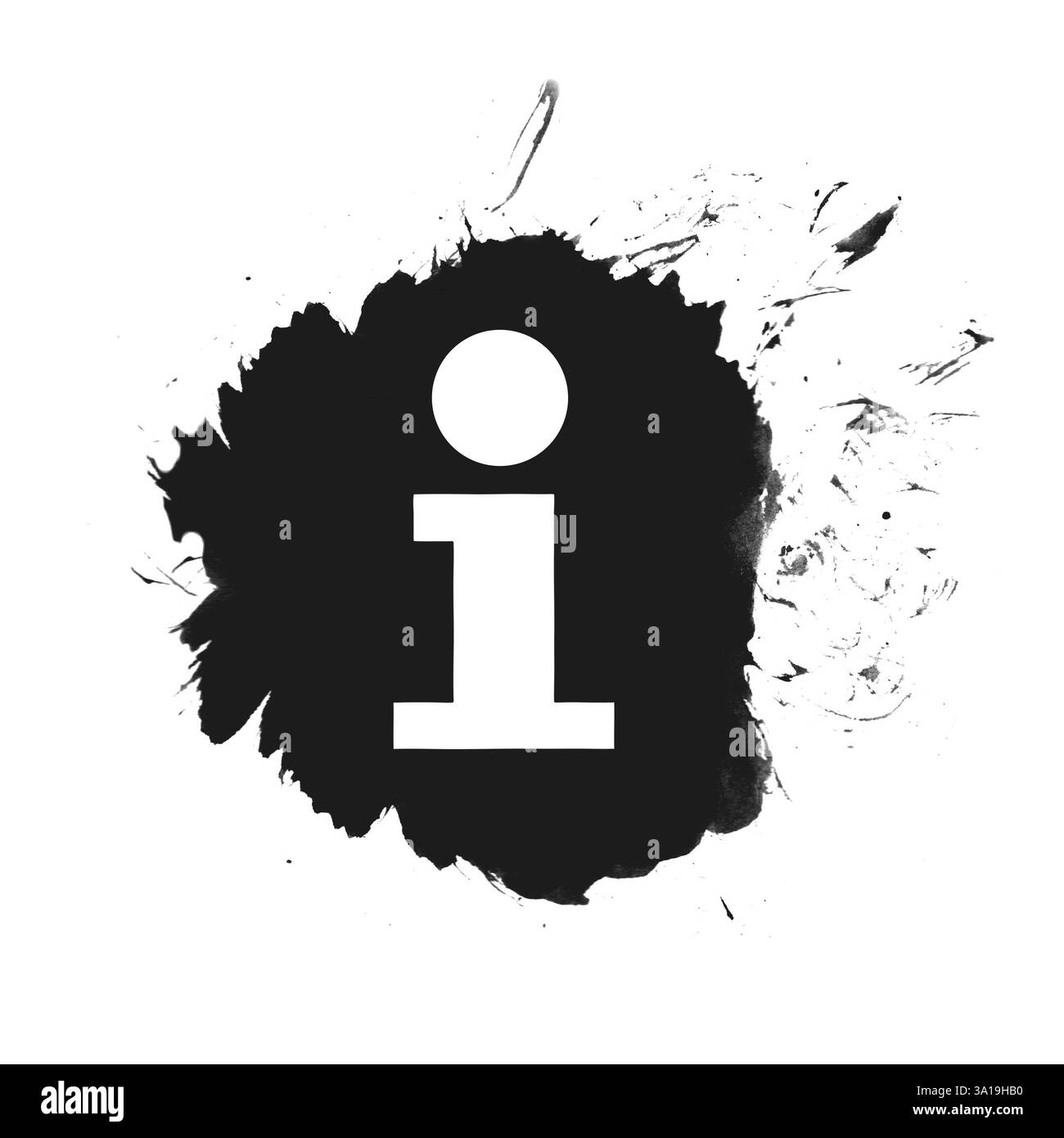 Icona Info su patch isolante in nero con spruzzi di vernice Foto Stock