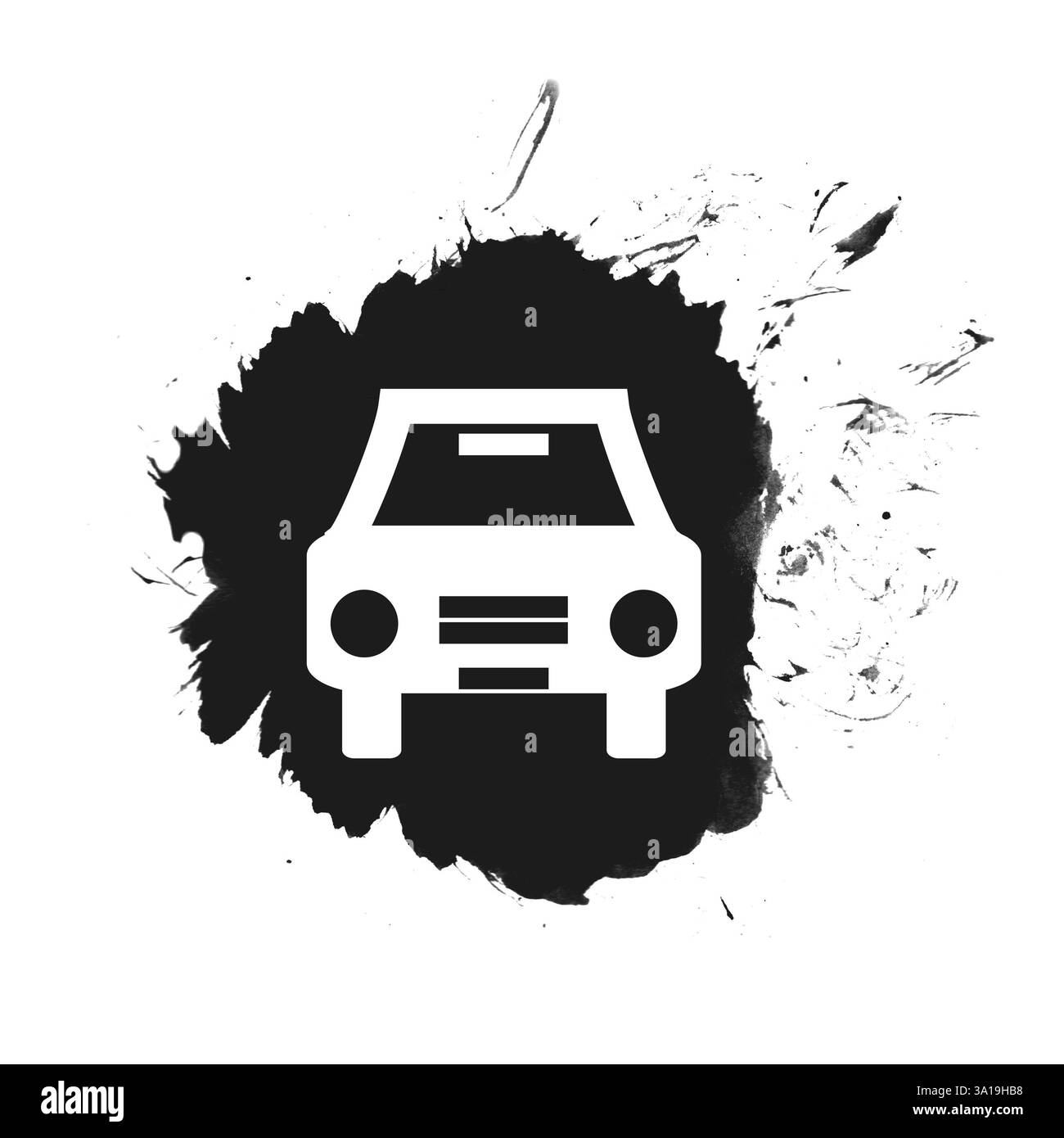 Icona dell'auto in un punto isolato in nero con spruzzi di vernice Foto Stock