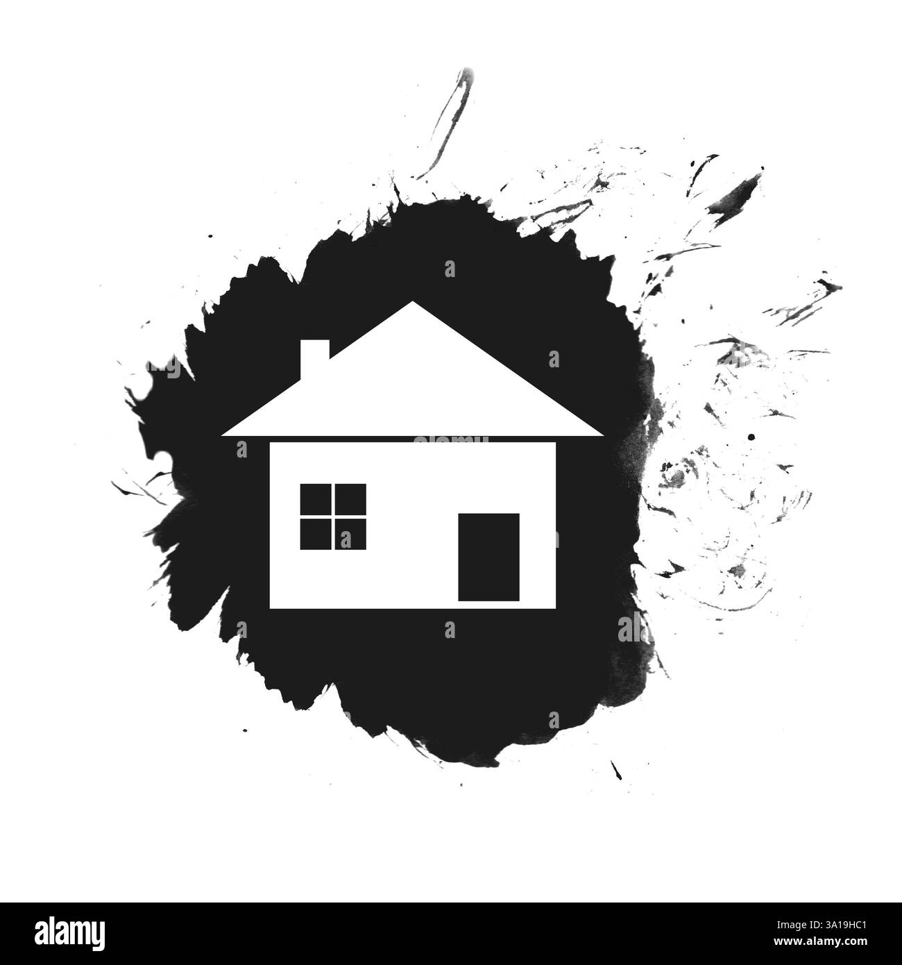 Icona della casa in un punto isolato in nero con spruzzi di vernice Foto Stock