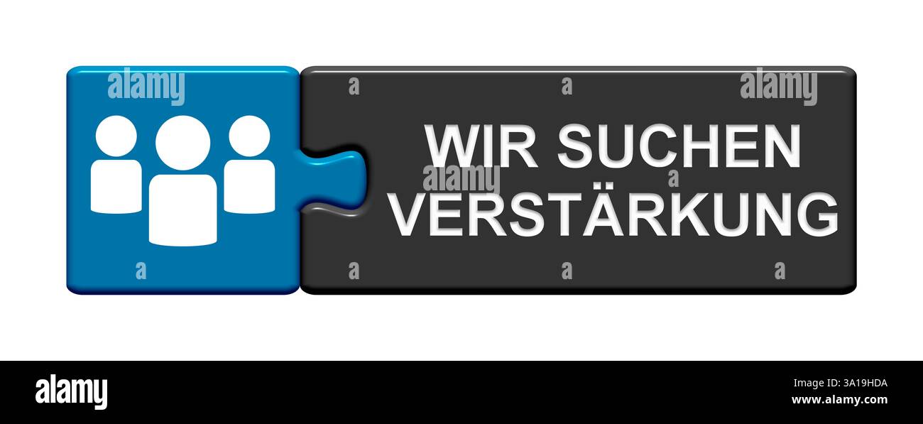 Pulsante puzzle isolato composto da due pezzi con il simbolo che indica che stiamo cercando rinforzi Foto Stock