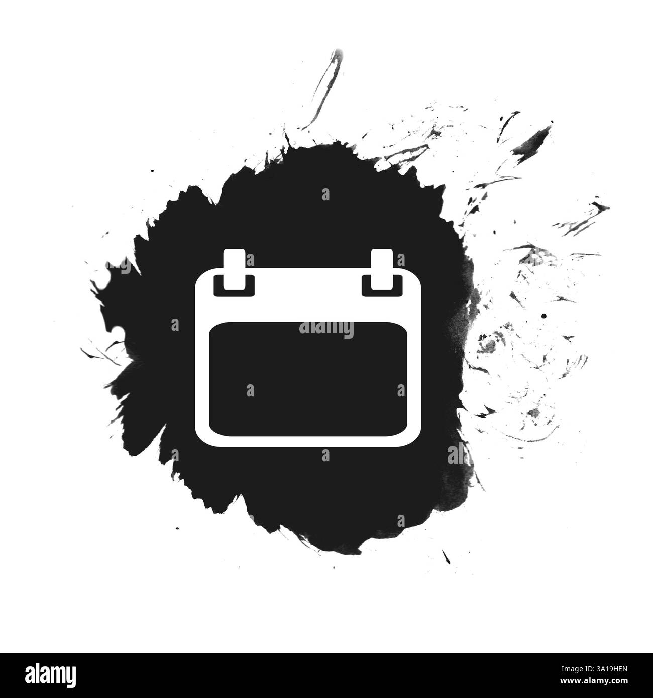 Icona del calendario su un punto isolato in nero con spruzzi di colore Foto Stock
