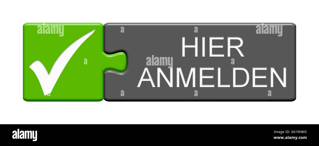 Il pulsante puzzle isolato composto da due parti con il simbolo del segno di spunta mostra Accedi qui Foto Stock