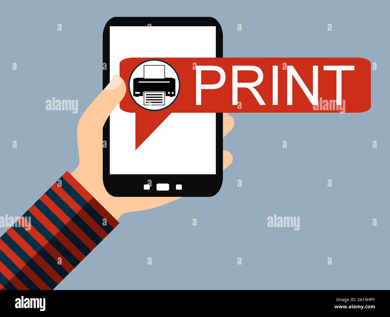 Smartphone con impugnatura e icona della stampante: Stampa - Design piatto Foto Stock