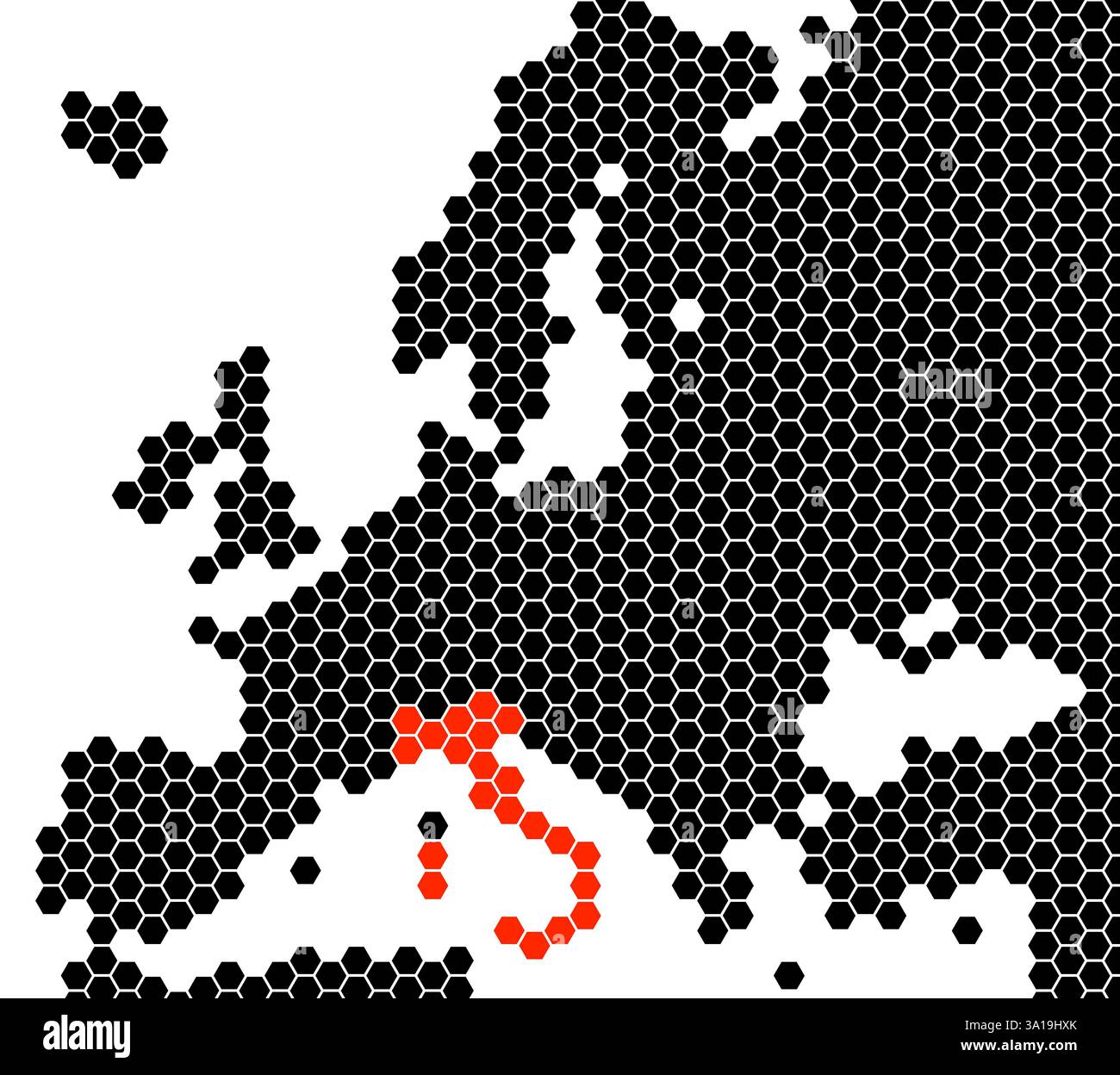 Mappa nera isolata dell'Europa dagli esagoni - Italia Foto Stock
