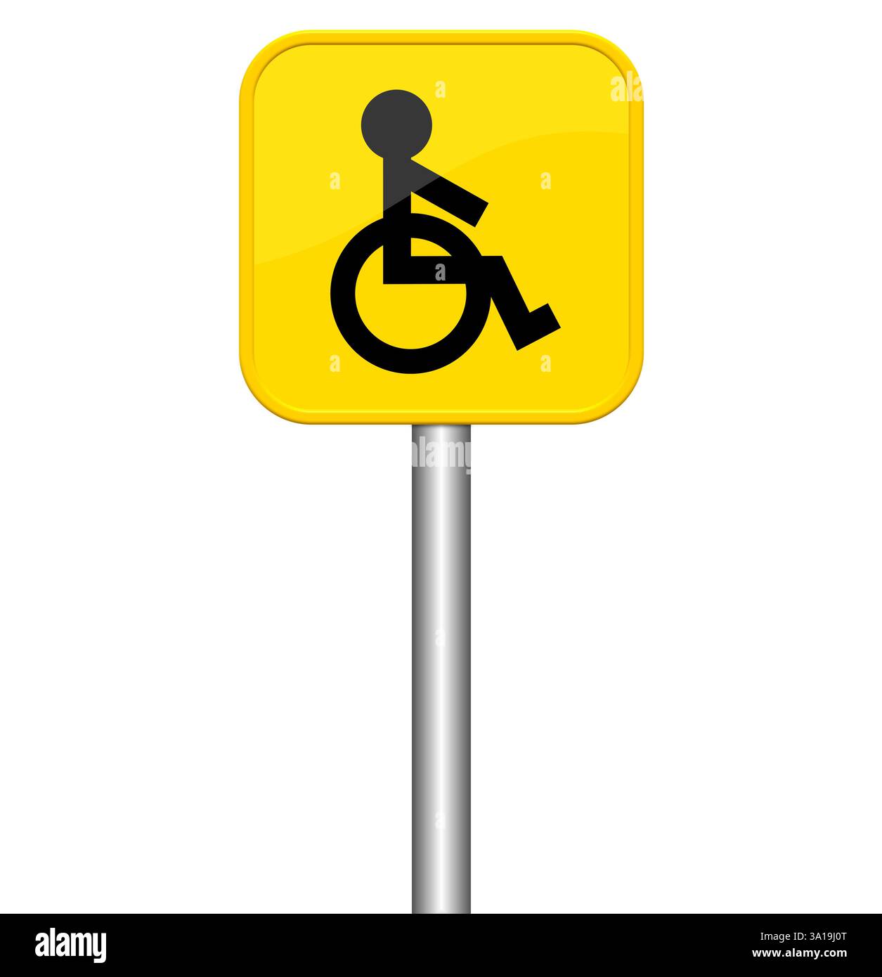 Cartello giallo isolato con simbolo che indica la sedia a rotelle Foto Stock