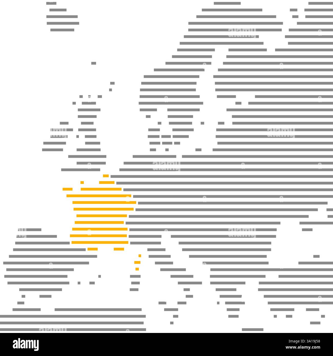 Paese Francia - Mappa dell'Europa fatta di strisce in grigio e arancione con evidenziazione della Francia Foto Stock