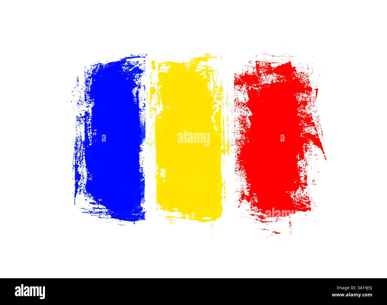 Romania - bandiera di tre strisce grunge disordinate dipinte a mano in blu, giallo, rosso Foto Stock