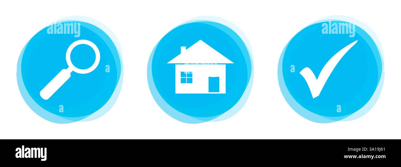 I pulsanti rotondi azzurri con bordo morbido mostrano la ricerca di immobili o la ricerca di casa o appartamento Foto Stock