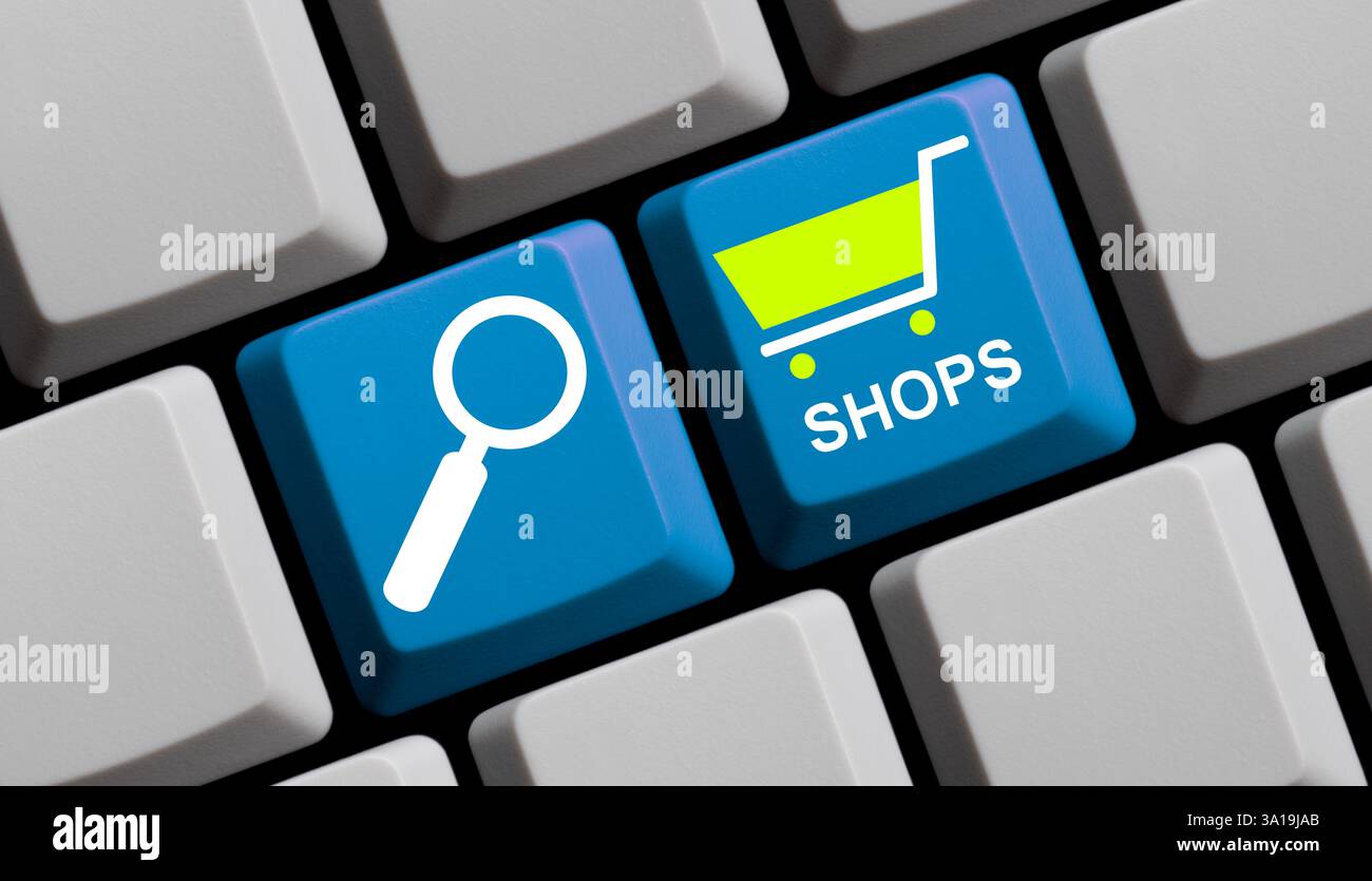 Cerca e trova negozi online - simboli sulla tastiera del computer Foto Stock