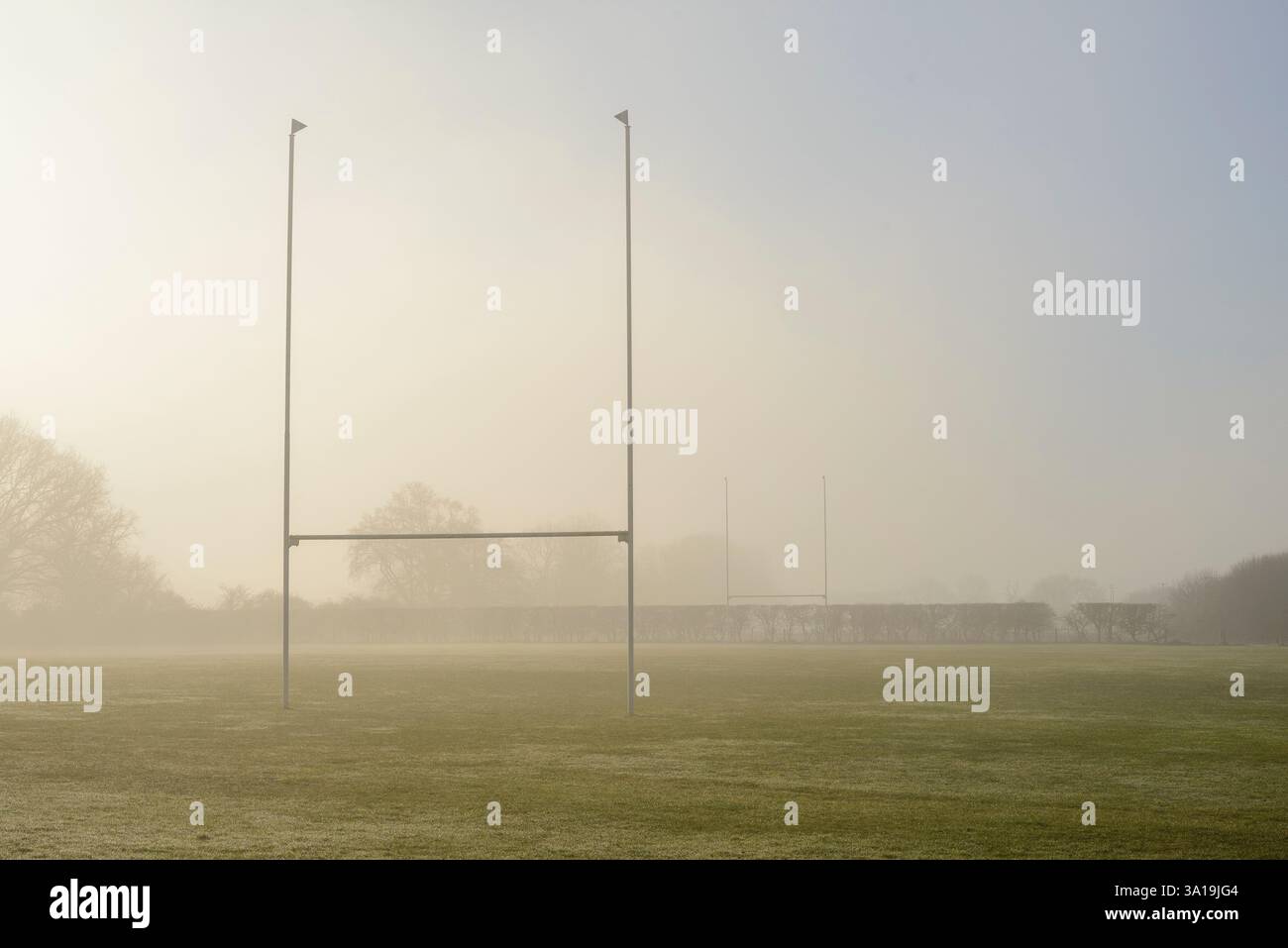 Campo di rugby nella nebbia Foto Stock