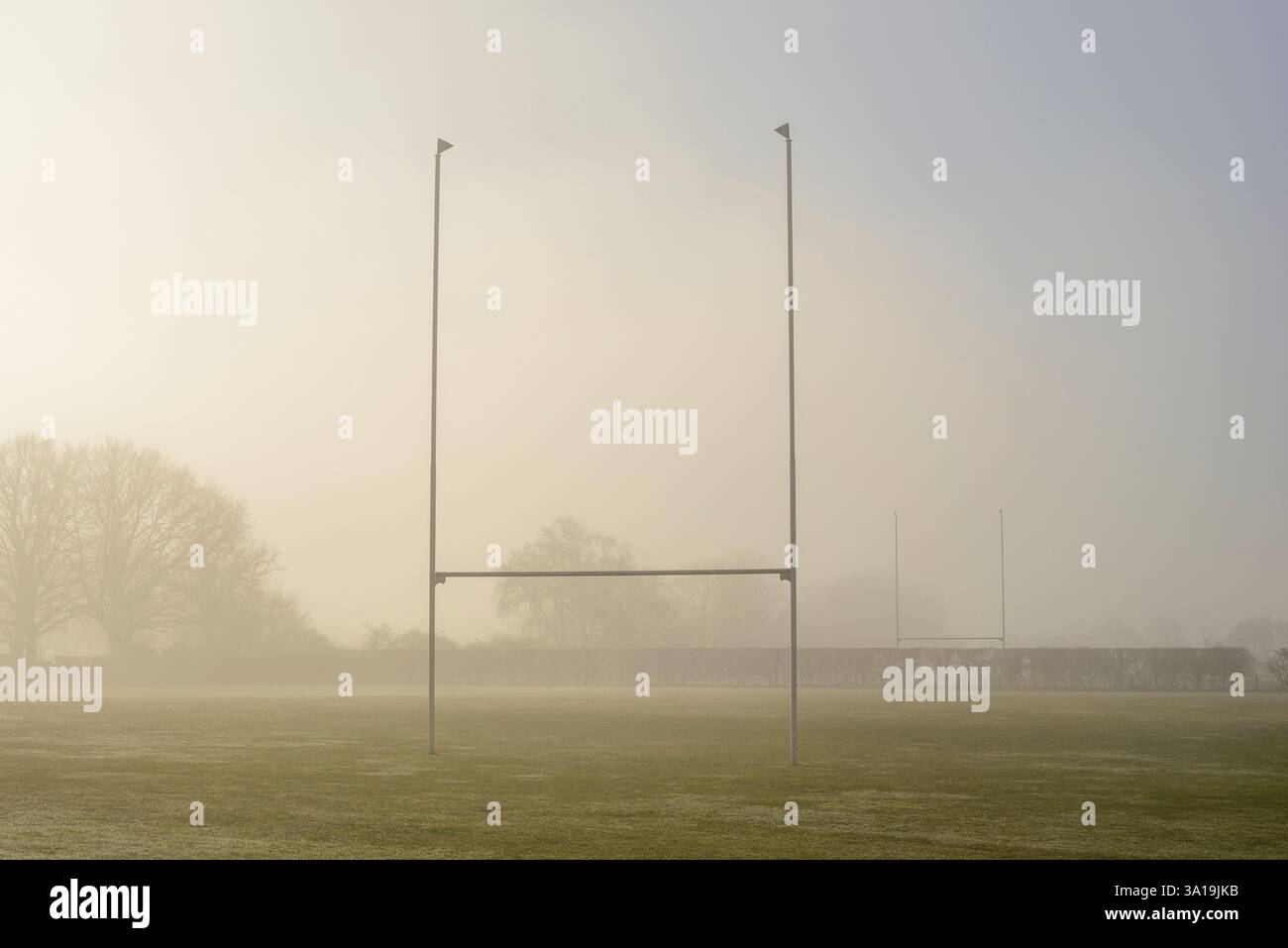 Campo di rugby nella nebbia Foto Stock
