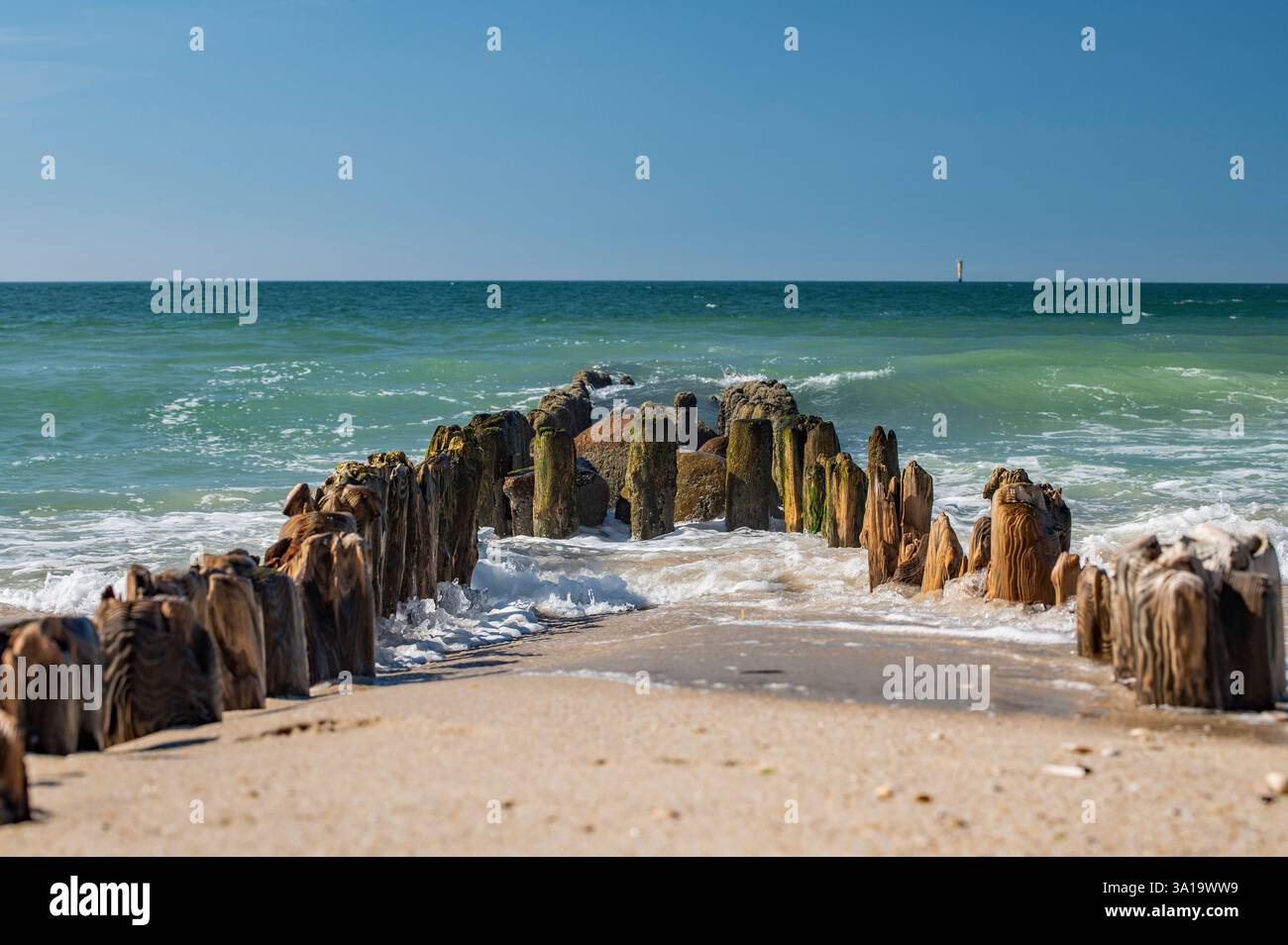 Fai surf con le onde in un vecchio groyne Foto Stock