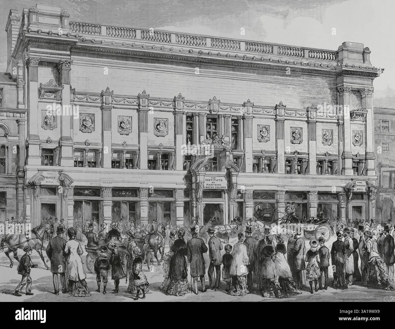 Londra, Inghilterra. Edificio dell'Institute of Painters in Water Colors, costruito a Piccadilly dall'architetto Edward Robert Robson (1836-1917). È stato aperto in occasione della prima esposizione Internazionale degli acquerelli tenutasi nell'aprile 1883. Incisione. La Ilustración Española y americana (The Spanish and American Illustration), 1883. Foto Stock